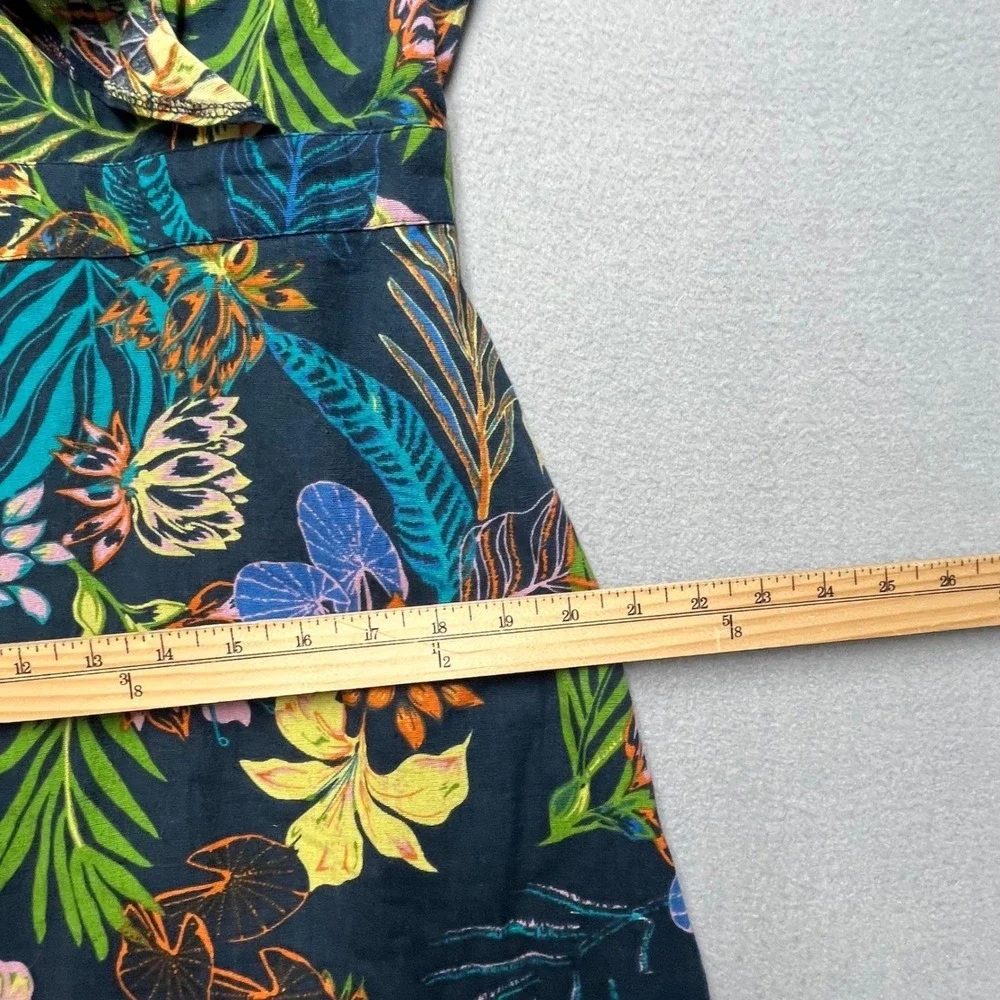 New Tropical Floral‎ Midi Dress Women 16 Linen Blend Ruffle Sleeve V Neck Sumer